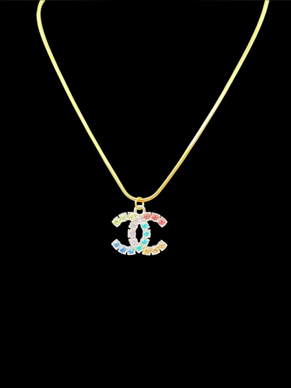 Upcycled Gold-Tone Multicolor Crystal Interlocking Pendant Necklace